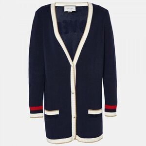 Gucci Blue Lurex Detail Contrast Trim Knit Cardigan Size Small